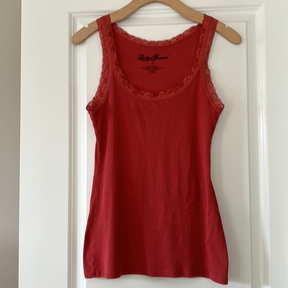 Lucky Brand Boho Peasant Top w Tassels Orange & Ribbed Tank w Lace - Picture 2 of 12